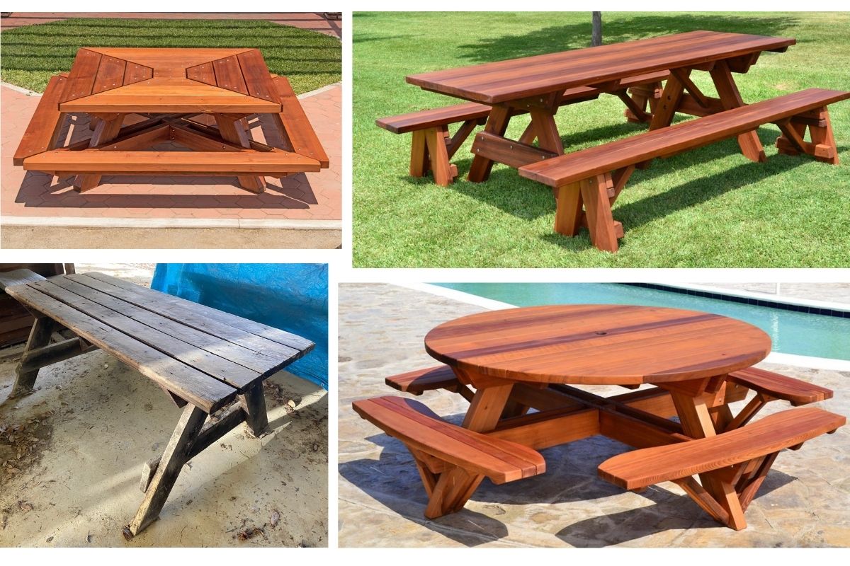 A prototype of the first picnic table (lower left) evolved into today’s designs. The photo of the prototype was taken in 2020 in the barn where the tables were first made.