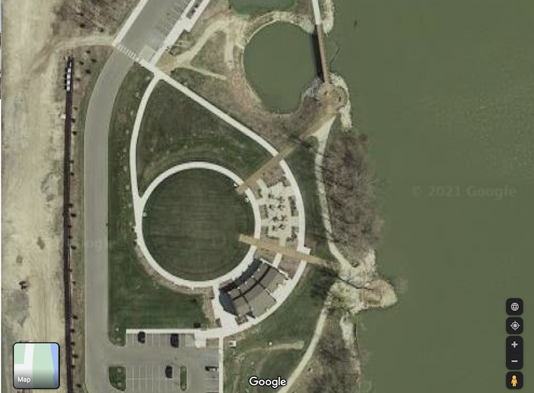 View of the park and the railroad roundhouse footprint from above