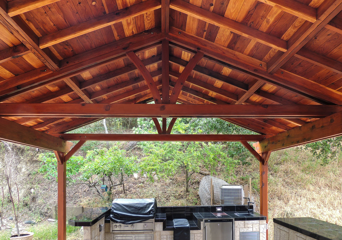 Del Norte Outdoor Kitchen Pavilion (Options: 22' L x 22' W, California Redwood, Unattached, 6-Post Anchor Kit for Concrete, No Electrical Wiring, 9 ft Post Height, No Ceiling Fan Base, No Privacy Panels, No Curtain Rods,Transparent Sealant). Photo Courtesy of El Laurel Resort of Baja, Mexico.