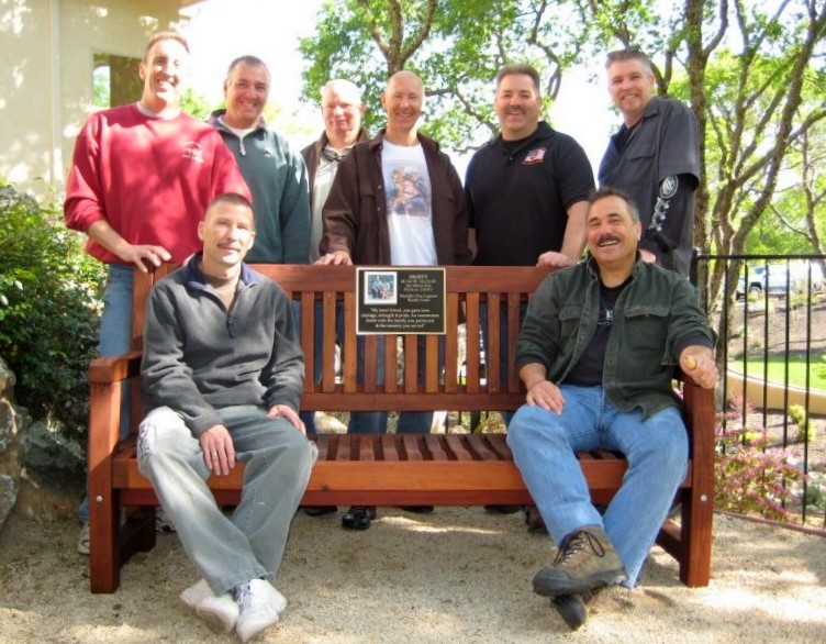 Ti Amo Benches (Options: 5 ft, Old-Growth Redwood, No Cushion, No Engraving, Custom Plaque Provided by Customer, Transparent Premium Sealant). Photo Courtesy of Windsor Fire Department, Windsor, CA.