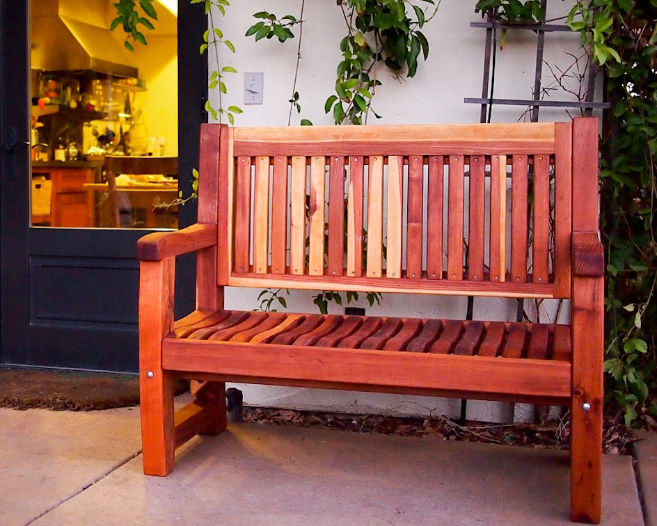 Ti Amo Benches (Options: 4 ft, California Redwood, No Cushion, No Engraving, Transparent Premium Sealant). Photo Courtesy of Mr. Mike M. of Sunol, CA.