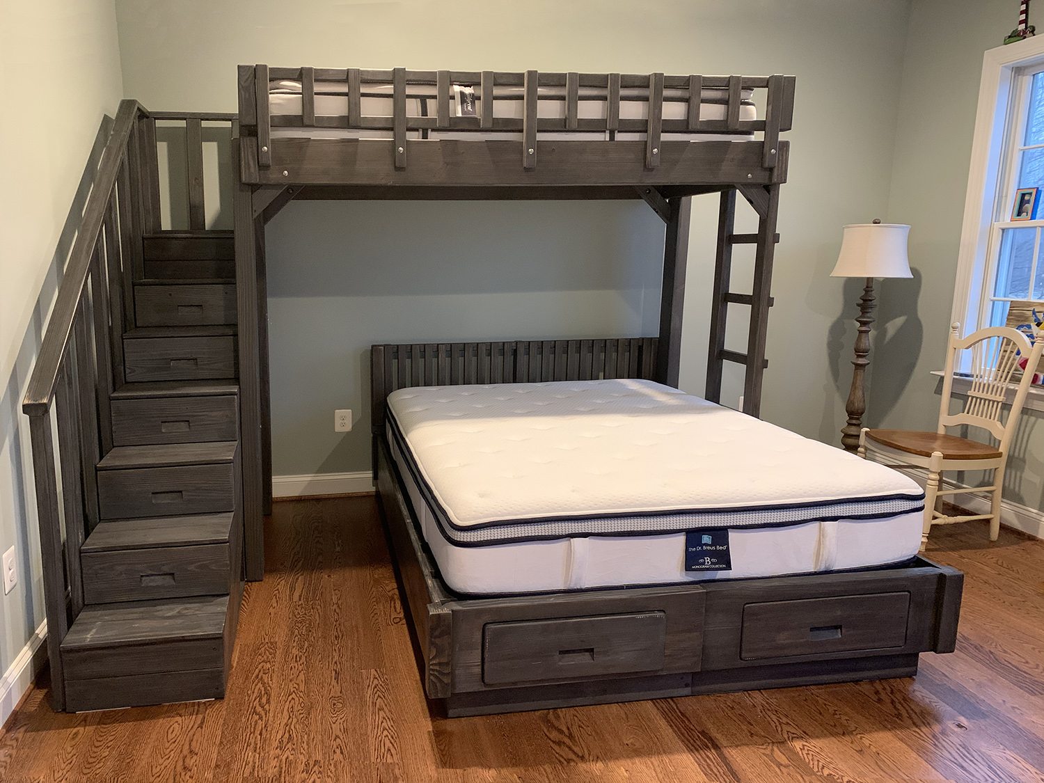 Redwood bed in a bedroom
