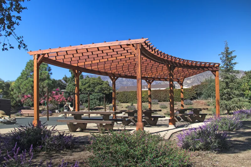The Fan Shaped Pergola over picnic tables in a park