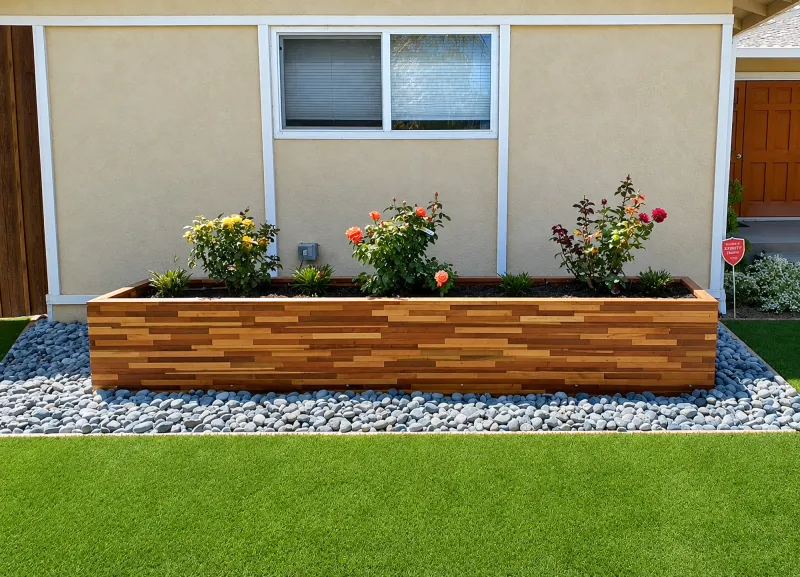A long, low redwood Mendocino Planter with roses in front of a house