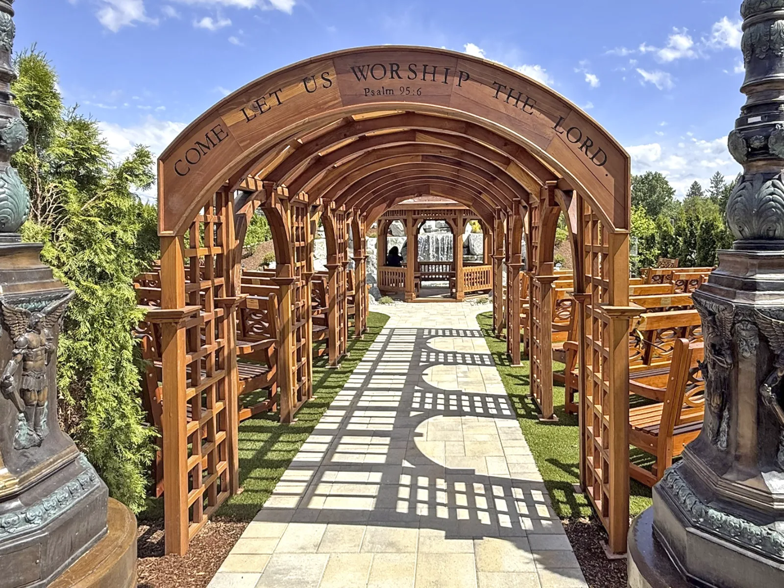 Forever Redwood arbor walkway at Faith Walk Community Fitness Park