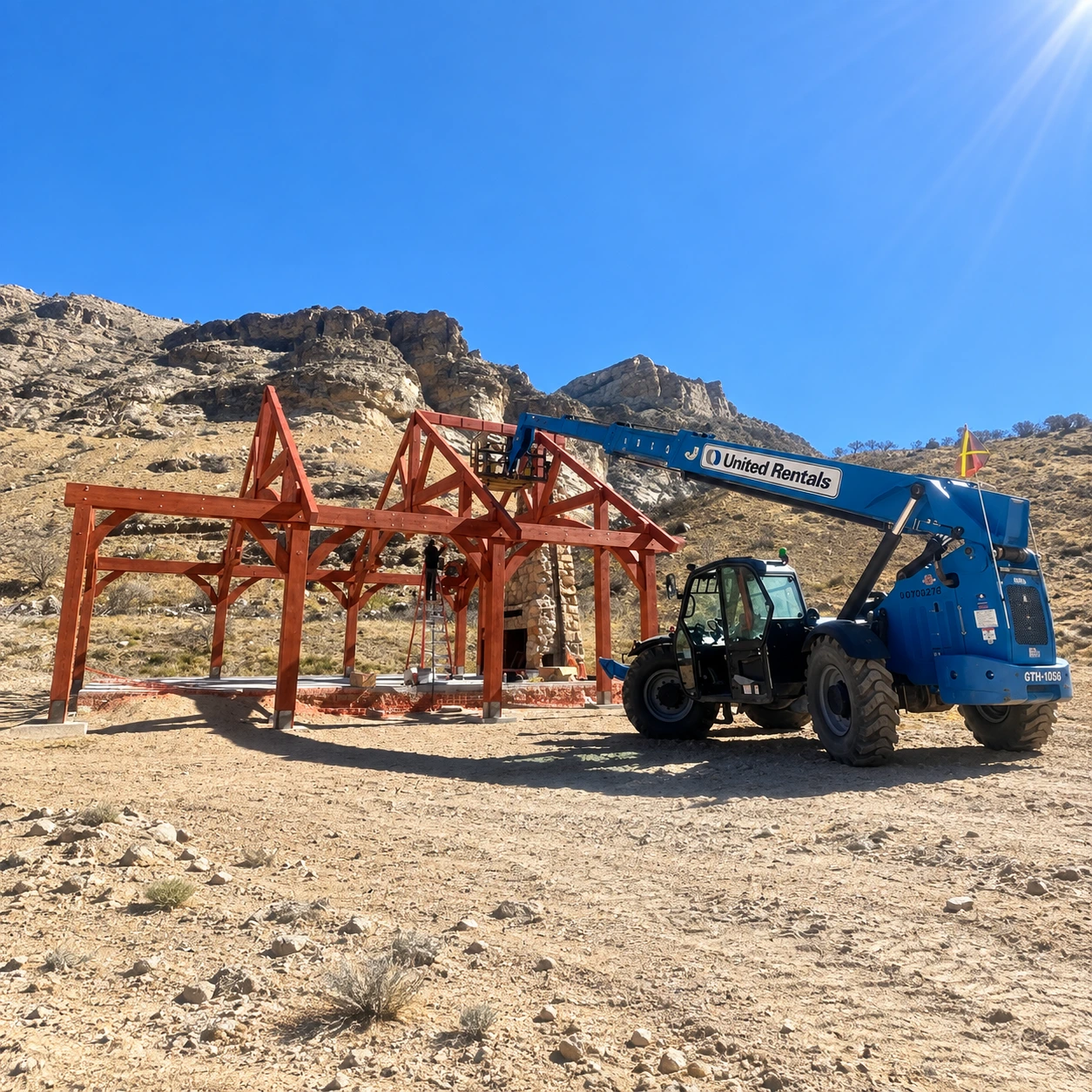 Telehandler raising a pavilion frame