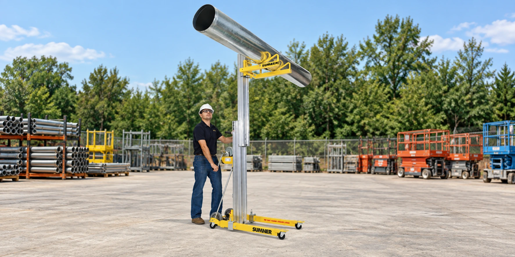 Material lift for installing beams in tight spaces