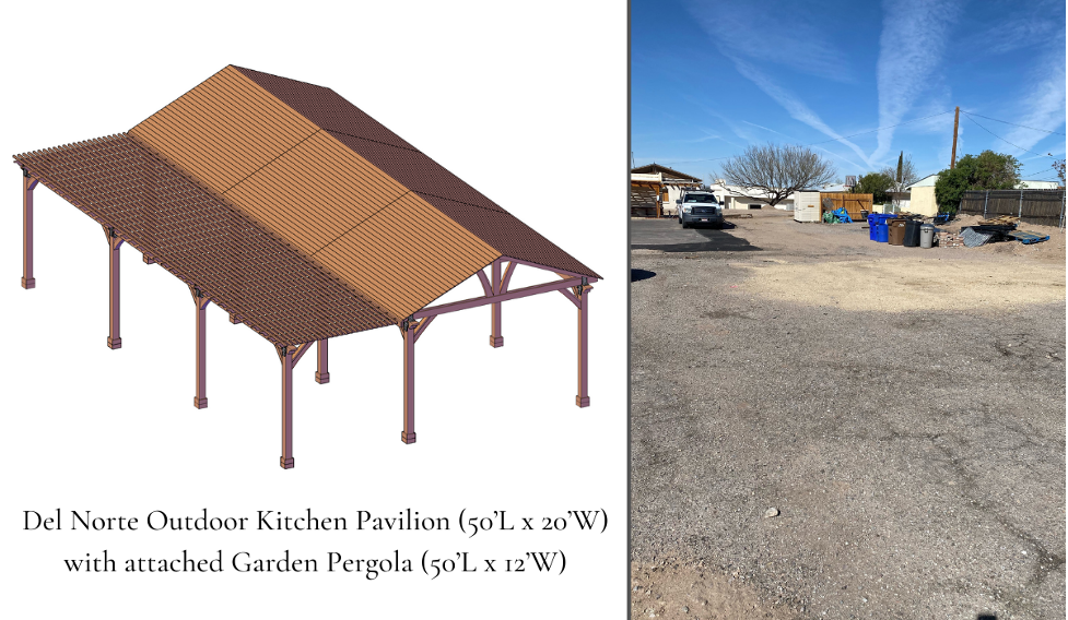 Schematic of the pavilion (left). Future site of the structure, behind the church (right).