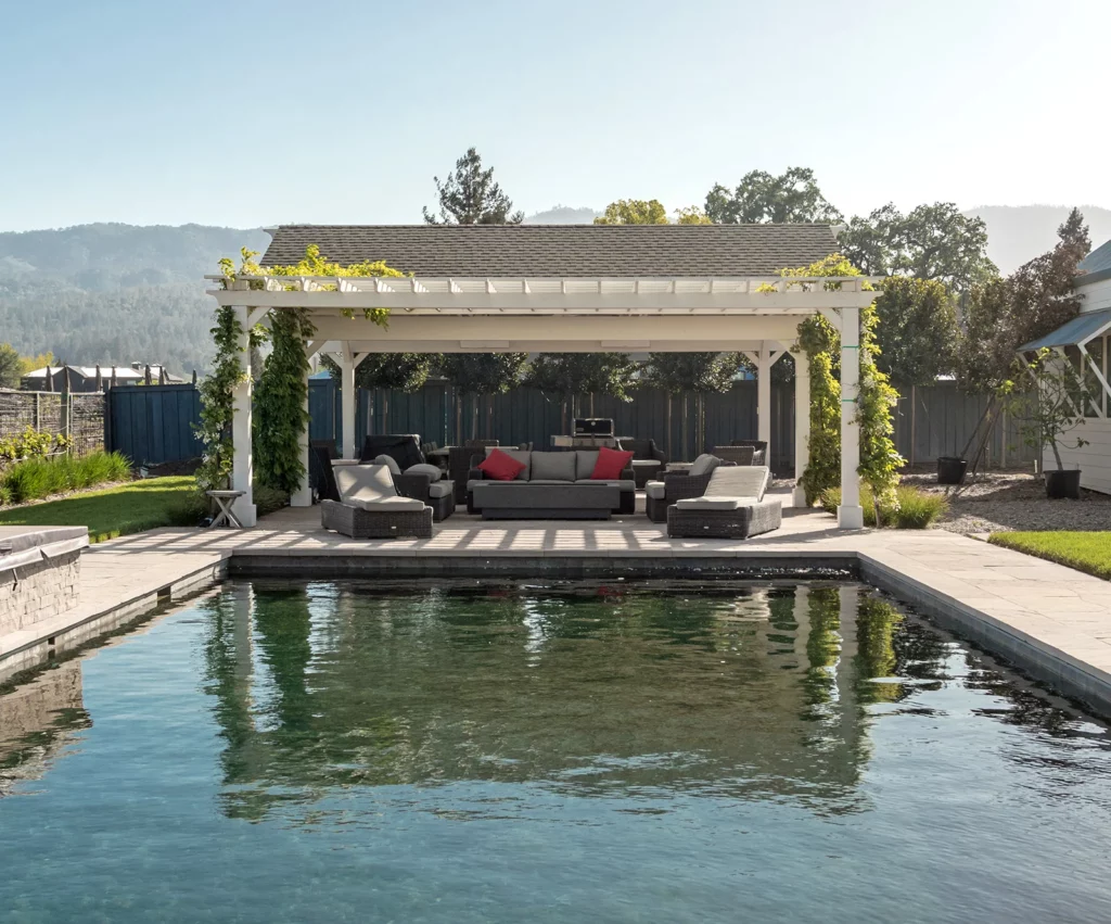 The pergola side of the pergola-pavilion combo (Attached Garden Pergola and Del Norte Outdoor Kitchen Pavilion).