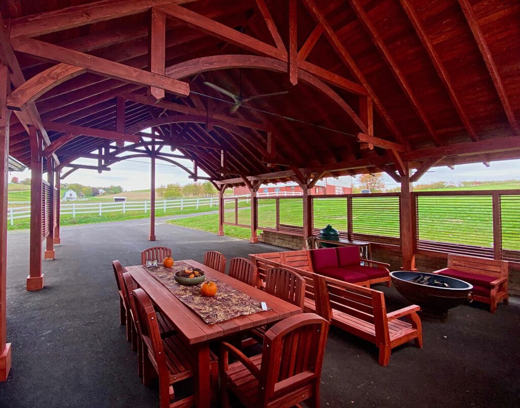 Cardinal's Nest Pavilion with 
San Francisco Redwood Patio Table (left) and Kari's Modern Wood Chair custom sectional (right). 
Photo courtesy of S. Steckman of East Liverpool, OH. 