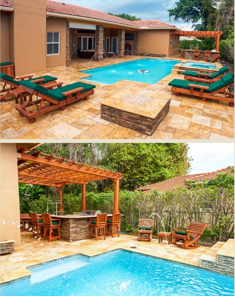 Top: La Grange Redwood Loungers and Adirondack Side Tables. Bottom: Attached Garden Pergola, Redwood Cocktail Bar Stools (left), Ensenada Rocking Chairs with Adirondack Side Table (right). Photo Courtesy of Jorge A. of Miami, FL. 