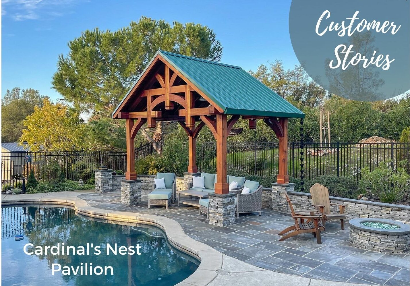 Photo of Cardinal's nest Pavilion with stonework poolside. Caption: Customer Stories, Cardinal's Nest Pavilion