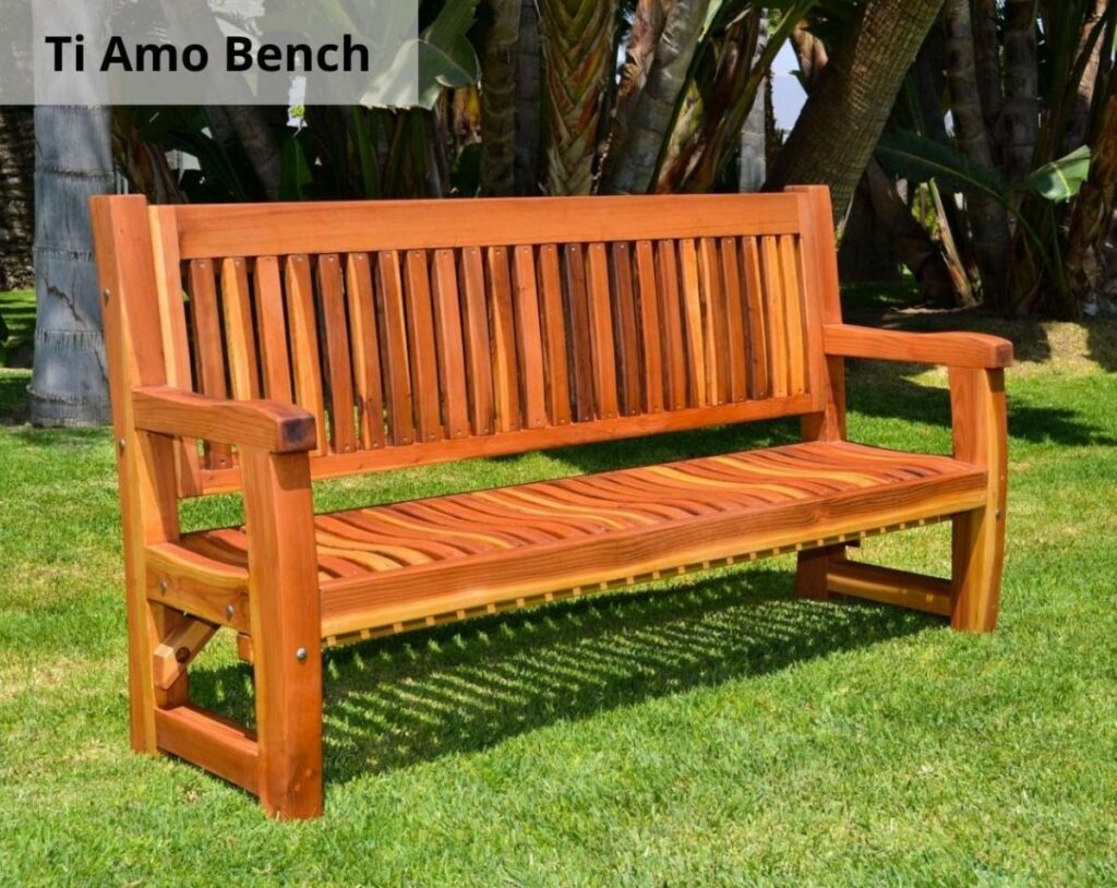 Our Ti Amo Bench entices passersby to relax and stay awhile. Shown in 6 ft dimension in California Redwood and transparent sealant. Add a cushion and engraving for comfort and a personal touch.