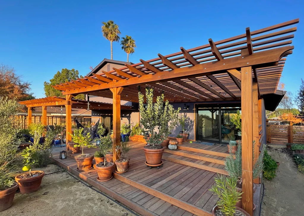 Attached pergolas and pavilions are an easy way to add a shaded extension to your home without major construction. 
Photo Courtesy of D. Herman of Livermore, CA