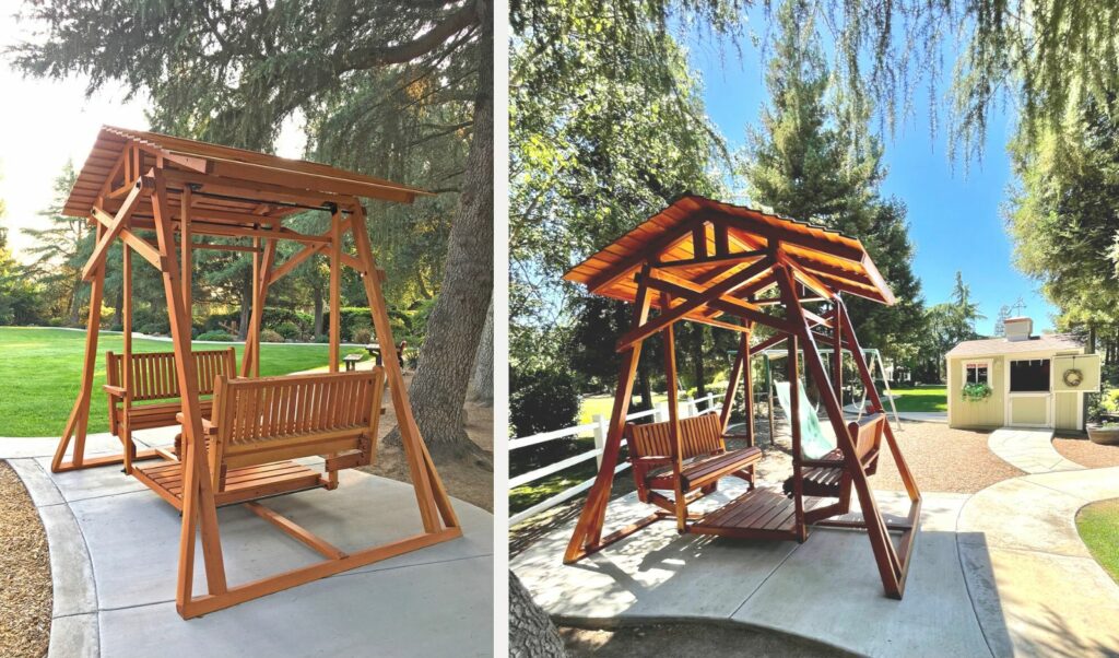 Dustin’s Face-To-Face Glider close up (left) and with the playground (right).