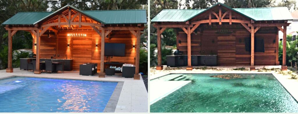 Michelle Favret’s Del Norte Outdoor Kitchen Pavilion before and after Hurricane Ian. 