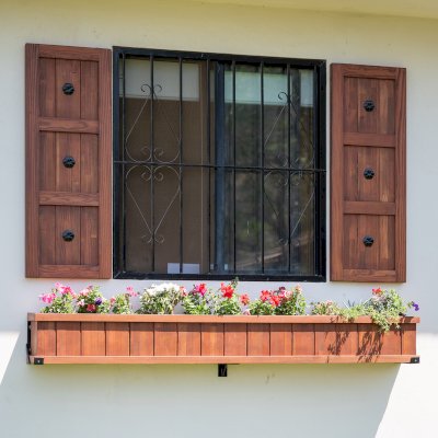 Decorative Redwood Shutters Set (Options: 18in W x 4ft H, Mosaic Douglas-fir, Coffee-Stain Premium Sealant). Photo Also shows a 7' L window planter. 
