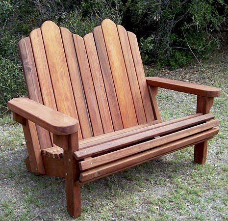 Adirondack Wooden Loveseat (Options: Old-Growth Redwood, Standard Seat Depth, No Cushion, No Ottoman, Transparent Premium Sealant). Adirondack Wooden Loveseat (Options: Old-Growth Redwood, Standard Seat Depth, No Cushion, No Ottoman, Transparent Premium Sealant).