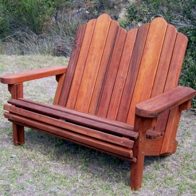 Adirondack Wooden Loveseat (Options: Old-Growth Redwood,  Standard Seat Depth, No Cushion, No Ottoman, Transparent Premium Sealant).