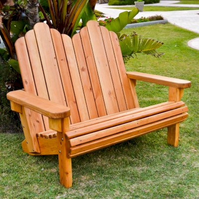 Adirondack Wooden Loveseat (Options: Douglas-fir, Standard Seat Depth, No Cushion, No Ottoman, Transparent Premium Sealant). 