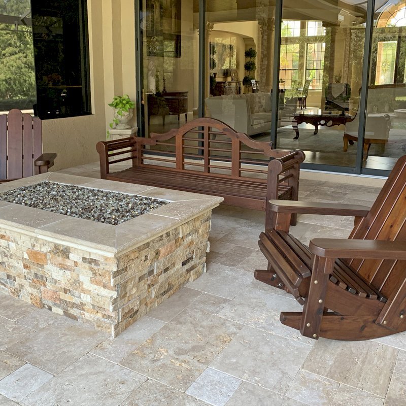 Adirondack Wooden Rocking Chairs (Options: Standard Size, Mature Redwood, No Cushion, No Ottoman, Coffee-Stain Premium Sealant). Photo Also Shows a 6' L Lutyens Bench. Photo Courtesy of B. Jones of Lakewood Ranch, Florida. Adirondack Wooden Rocking Chairs (Options: Standard Size, Mature Redwood, No Cushion, No Ottoman, Coffee-Stain Premium Sealant). Photo Also Shows a 6' L Lutyens Bench. Photo Courtesy of B. Jones of Lakewood Ranch, Florida.