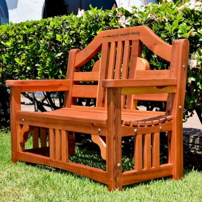 Alan's Engraved Wood Bench (Options: 4 ft, California Redwood, No Cushion, Custom Engraving, Transparent Premium Sealant).