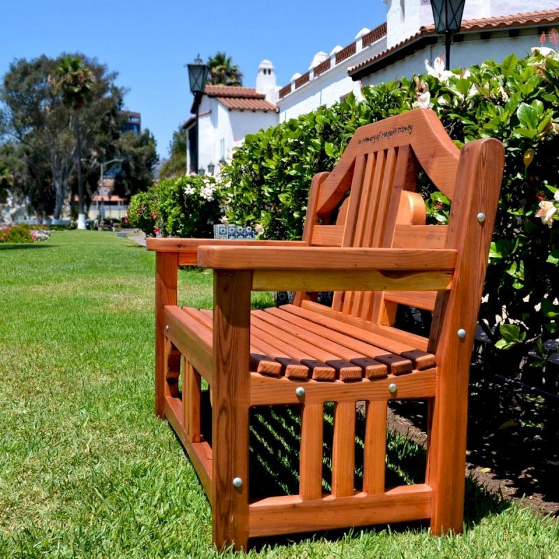 Alan's Engraved Wood Bench (Options: 4 ft, California Redwood, No Cushion, Custom Engraving, Transparent Premium Sealant). Alan's Engraved Wood Bench (Options: 4 ft, California Redwood, No Cushion, Custom Engraving, Transparent Premium Sealant).