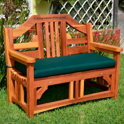 Alan's Engraved Wood Bench (Options: 4 ft, California Redwood, Add Forest Green Cushion, Custom Engraving, Transparent Premium Sealant).