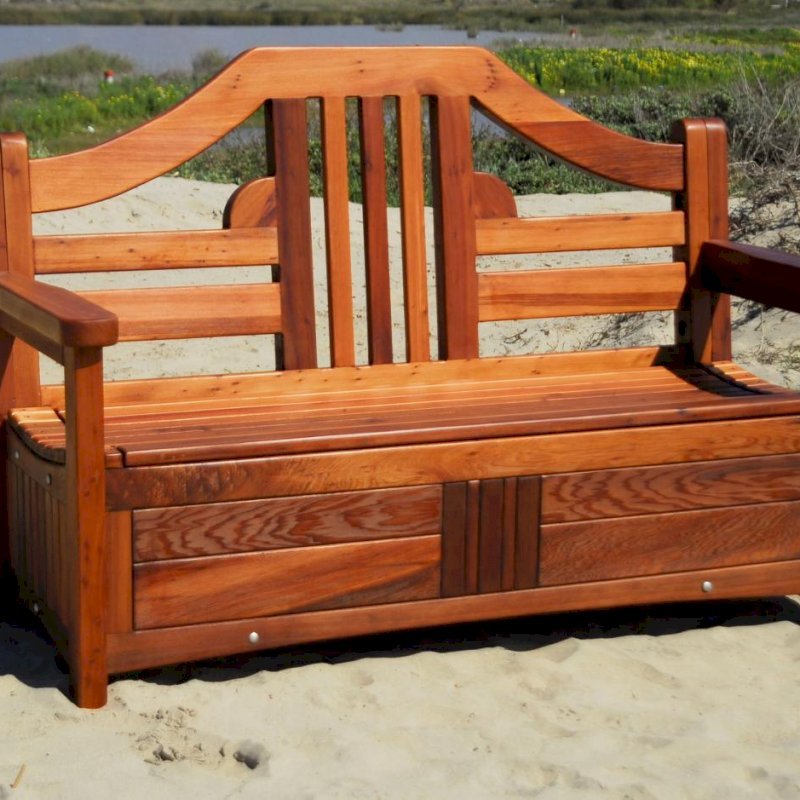 Alan's Redwood Storage Bench (Options: 4 ft, Old-Growth Redwood, No Piston, No Cushions, No Engraving, Transparent Premium Sealant). Alan's Redwood Storage Bench (Options: 4 ft, Old-Growth Redwood, No Piston, No Cushions, No Engraving, Transparent Premium Sealant).