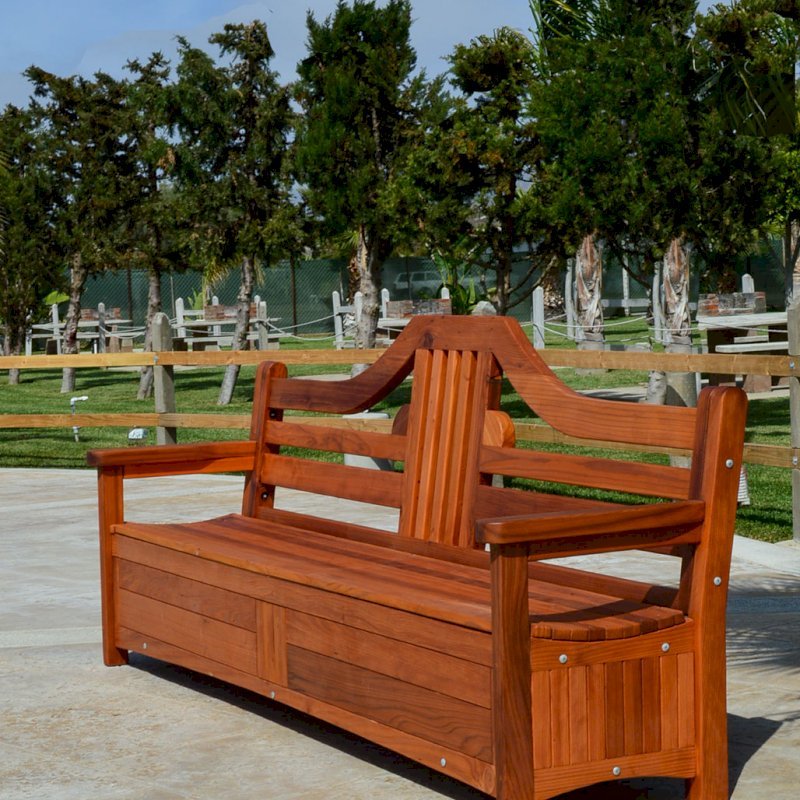Alan's Redwood Storage Bench (Options: 8 ft, Mature Redwood, With Pistons, No Cushions, No Engraving, Transparent Premium Sealant). Seat in 2 sections by custom request. Alan's Redwood Storage Bench (Options: 8 ft, Mature Redwood, With Pistons, No Cushions, No Engraving, Transparent Premium Sealant). Seat in 2 sections by custom request.