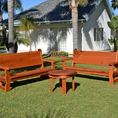 Angel's Rustic Wood Bench (Options: 6 ft, Mature Redwood, No Cushion, No Engraving, Transparent Premium Sealant) and Round Side Table. Carmel Planter in background. 