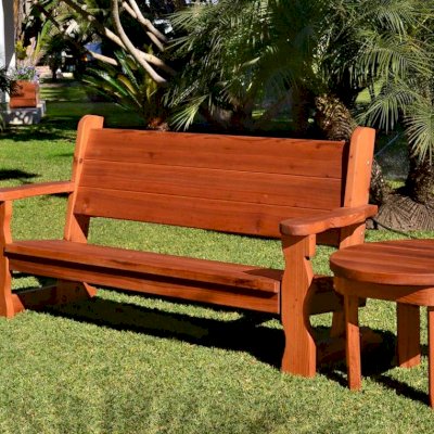 Angel's Rustic Wood Bench (Options: 6 ft, Mature Redwood, No Cushion, No Engraving, Transparent Premium Sealant) and Round Side Table. 