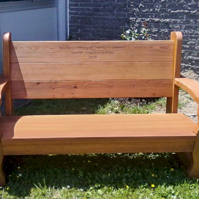 Angel's Rustic Wood Bench (Options: 5 ft, Mature Redwood, No Cushion, Custom Engraving, Transparent Premium Sealant). Photo Courtesy of Herricks Middle School and Nora Koe.
