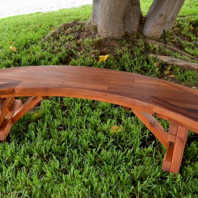 Arc Picnic Benches (Options: 4 ft, Old-Growth Redwood, No Engraving, Transparent Premium Sealant). Parquet benchtop is a no additional cost custom request.