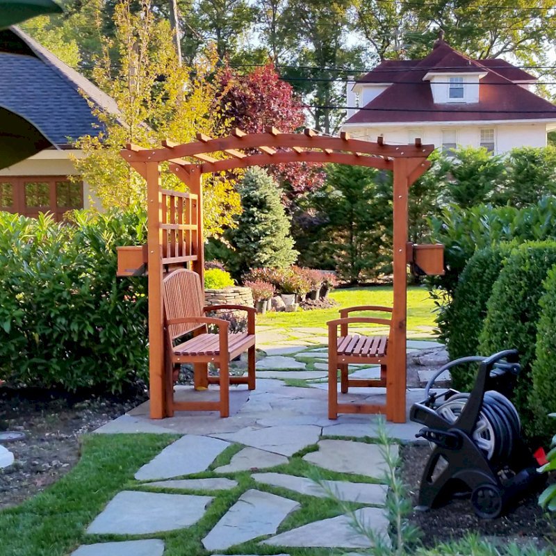 Custom Arched Garden Arbor (Options: Mature Redwood, Transparent Premium Sealant) with 2 Box Planters and 2 Luna Benches. Photo Courtesy of Alex Amodio, Owner/ Park Avenue Gardens, L.L.C. Custom Arched Garden Arbor (Options: Mature Redwood, Transparent Premium Sealant) with 2 Box Planters and 2 Luna Benches. Photo Courtesy of Alex Amodio, Owner/ Park Avenue Gardens, L.L.C.