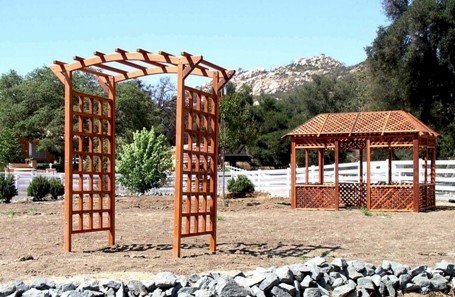 Arched Garden Arbor (Options: 96" W x 48" D, Mature Redwood, No Anchor Kit, Transparent Premium Sealant). Lattice Pavilion Gazebo shown in background. Photo Courtesy of Mr. Greg Alford of Jamul, CA. Arched Garden Arbor (Options: 96" W x 48" D, Mature Redwood, No Anchor Kit, Transparent Premium Sealant). Lattice Pavilion Gazebo shown in background. Photo Courtesy of Mr. Greg Alford of Jamul, CA.