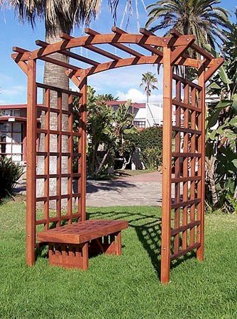 Arched Garden Arbor (Options: 96" W x 48" D, Mature Redwood, No Anchor Kit, Transparent Premium Sealant). Photo also shows a Lighthouse bench under Arbor. Arched Garden Arbor (Options: 96" W x 48" D, Mature Redwood, No Anchor Kit, Transparent Premium Sealant). Photo also shows a Lighthouse bench under Arbor.