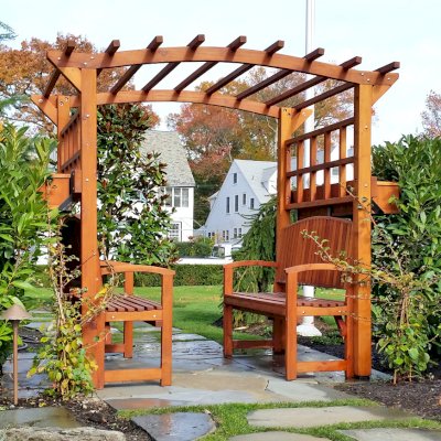 Custom Arched Garden Arbor. Includes 2 Luna benches and 2 window box planters. Photo Courtesy of Alex A. of Ocean, New Jersey.