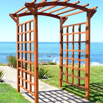 Arched Garden Arbor (Options: 96" W x 48" D, Mature Redwood, No Anchor Kit, Transparent Premium Sealant).