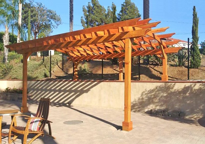 Arched Open Sky Pergolas (Options: 22' L x 15' Arc W, Douglas-fir, No Electrical Wiring Trims, 4 Post Anchor Kit for Concrete, 2' Overhangs by Custom Request, No Ceiling Fan Base, No Privacy Panels, No Curtain Rods, 2 Posts are 10' H and the Posts on the Pony Wall are 5' H, Transparent Premium Sealant). Photo Courtesy of J. Marca of Escondido, California. Arched Open Sky Pergolas (Options: 22' L x 15' Arc W, Douglas-fir, No Electrical Wiring Trims, 4 Post Anchor Kit for Concrete, 2' Overhangs by Custom Request, No Ceiling Fan Base, No Privacy Panels, No Curtain Rods, 2 Posts are 10' H and the Posts on the Pony Wall are 5' H, Transparent Premium Sealant). Photo Courtesy of J. Marca of Escondido, California.