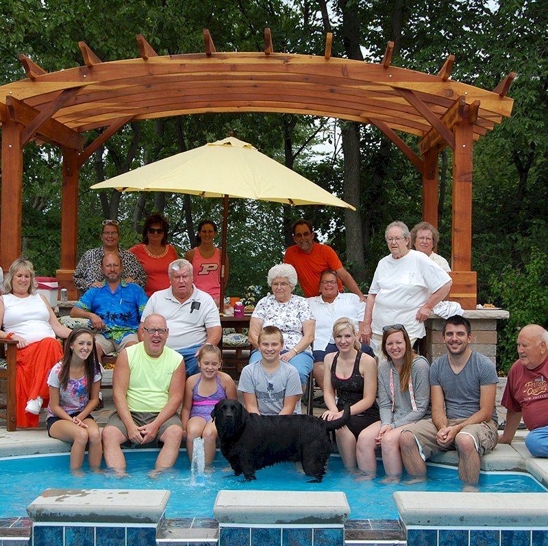 Arched Open Sky Pergolas (Options: 10' L x 14' Arc W, California Redwood, Unattached, No Electrical Wiring Trim, Arched Roof Without Lattice Panels, 4 Post Anchor Kit for Stone, No Ceiling Fan Base, No Privacy Panels, No Curtain Rods, Custom Post Height, Transparent Premium Sealant). Photo Courtesy of Glen Vick of Lafayette, IN. Arched Open Sky Pergolas (Options: 10' L x 14' Arc W, California Redwood, Unattached, No Electrical Wiring Trim, Arched Roof Without Lattice Panels, 4 Post Anchor Kit for Stone, No Ceiling Fan Base, No Privacy Panels, No Curtain Rods, Custom Post Height, Transparent Premium Sealant). Photo Courtesy of Glen Vick of Lafayette, IN.