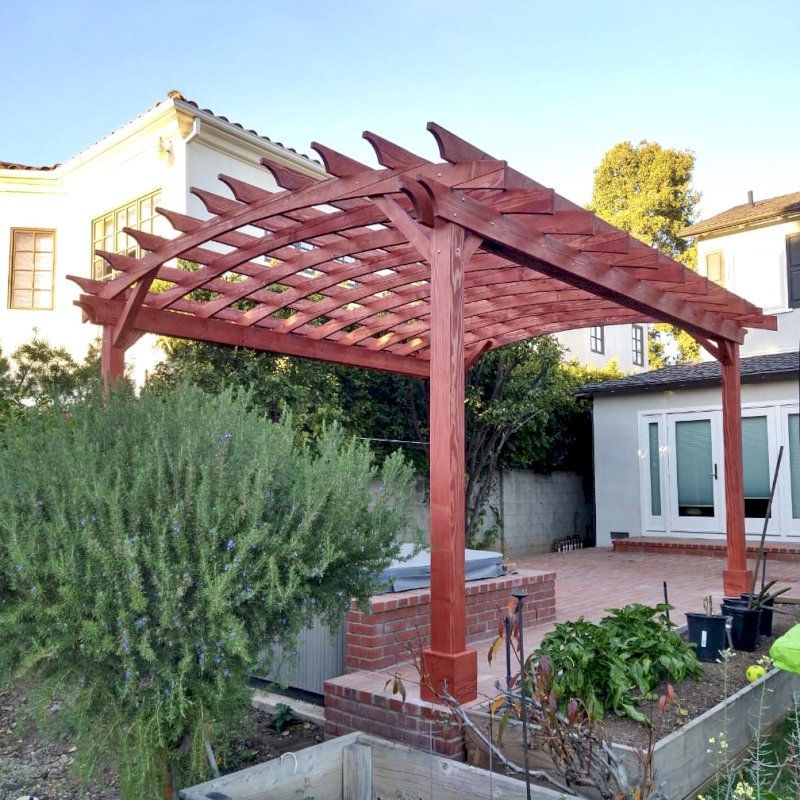 Arched Open Sky Pergolas (Options: 18' L x 15' Arc W, Douglas-fir, 2 Electrical Wiring Trims, 4 Post Anchor Kit for Concrete, No Ceiling Fan Base, No Privacy Panels, No Curtain Rods, 9' Post Height, Custom Stain). Photo Courtesy of K. Jefferson of Santa Monica, CA. Arched Open Sky Pergolas (Options: 18' L x 15' Arc W, Douglas-fir, 2 Electrical Wiring Trims, 4 Post Anchor Kit for Concrete, No Ceiling Fan Base, No Privacy Panels, No Curtain Rods, 9' Post Height, Custom Stain). Photo Courtesy of K. Jefferson of Santa Monica, CA.