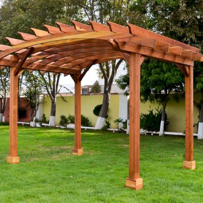 Arched Open Sky Pergolas (Options: 10' L x 14' Arc W, California Redwood, Unattached, 2 Posts - Electrical Wiring Cutout & Trim [see left most post for detail], Arched Roof without Lattice Panels, 4-Post Anchor Kit for Concrete, No Ceiling Fan Base, No Privacy Panels, No Curtain Rods, 9' Post Height, Transparen​t Premium Sealant).
