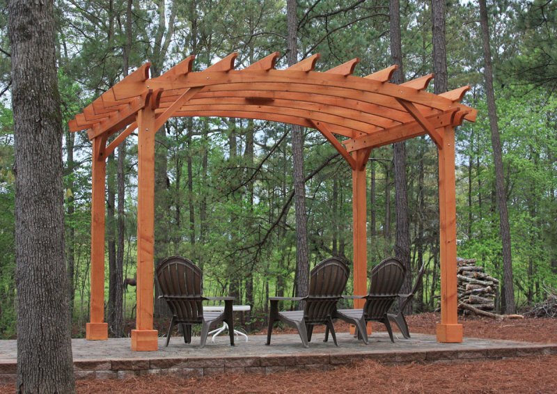 Arched Open Sky Pergolas (Options: 10' L x 14' Arc W, Mature Redwood, Unattached, No Electrical Wiring Trim, Arched Roof without Lattice Panels, 4 Post Anchor Kit for Stone, With Ceiling Fan Base, No Privacy Panels, No Curtain Rods, 9' Post Height, Transparent Premium Sealant). Photo Courtesy of Randall & Florence W. of Willow Spring, North Carolina. Arched Open Sky Pergolas (Options: 10' L x 14' Arc W, Mature Redwood, Unattached, No Electrical Wiring Trim, Arched Roof without Lattice Panels, 4 Post Anchor Kit for Stone, With Ceiling Fan Base, No Privacy Panels, No Curtain Rods, 9' Post Height, Transparent Premium Sealant). Photo Courtesy of Randall & Florence W. of Willow Spring, North Carolina.