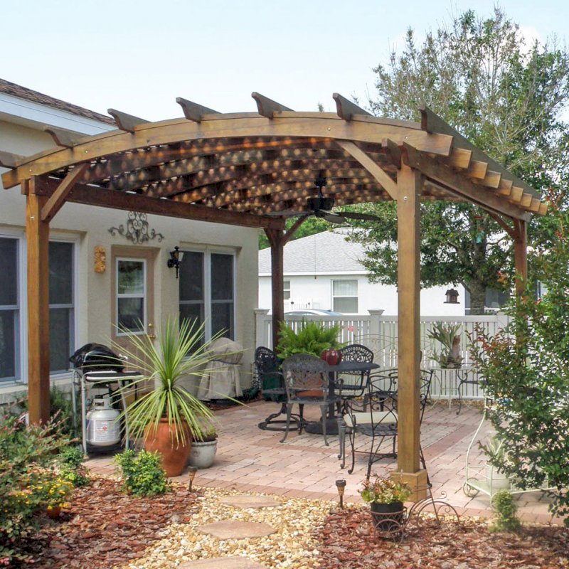 Arched Pergola Kits (Options: 18' L x 15' Arc W, California Redwood,Unattached, No Electrical Wiring Trim, Arched Roof with Lattice Panels, 4 Post Anchor Kit for Stone, Ceiling Fan Base, No Privacy Panels, No Curtain Rods, 9' Post Height, Transparent Premium Sealant). Here is how the same pergola looks after 3 years out in the Florida weather. Photo Courtesy of Bob Lilys of Central Florida. Arched Pergola Kits (Options: 18' L x 15' Arc W, California Redwood,Unattached, No Electrical Wiring Trim, Arched Roof with Lattice Panels, 4 Post Anchor Kit for Stone, Ceiling Fan Base, No Privacy Panels, No Curtain Rods, 9' Post Height, Transparent Premium Sealant). Here is how the same pergola looks after 3 years out in the Florida weather. Photo Courtesy of Bob Lilys of Central Florida.