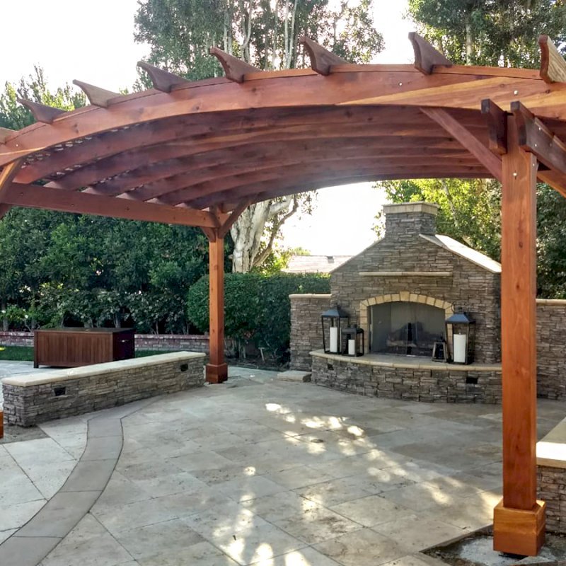 Arched Pergola Kit (Options: 12' L x 18' Arc W, California Redwood, No Electrical Wiring Trim Kit, 4 Post Anchor Kit for Concrete, No Ceiling Fan Bases, No Privacy Panels, No Curtain Rods, 9.5' Post Height, Transparent Premium Sealant). Photo Courtesy of D. Jarvis of Orange, CA. Arched Pergola Kit (Options: 12' L x 18' Arc W, California Redwood, No Electrical Wiring Trim Kit, 4 Post Anchor Kit for Concrete, No Ceiling Fan Bases, No Privacy Panels, No Curtain Rods, 9.5' Post Height, Transparent Premium Sealant). Photo Courtesy of D. Jarvis of Orange, CA.
