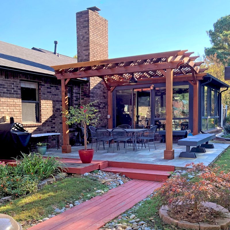 Arched Pergola Kits (Options: 14' L x 12' Arc W, California Redwood, 2 Electrical Wiring Trims, Arched Roof with Lattice Panels, 4 Post Anchor Kit for Concrete, 1 Ceiling Fan Base, No Privacy Panels, No Curtain Rods, Transparent Premium Sealant). Photo Courtesy of J. Treadway of Fayetteville, Arkansas. Arched Pergola Kits (Options: 14' L x 12' Arc W, California Redwood, 2 Electrical Wiring Trims, Arched Roof with Lattice Panels, 4 Post Anchor Kit for Concrete, 1 Ceiling Fan Base, No Privacy Panels, No Curtain Rods, Transparent Premium Sealant). Photo Courtesy of J. Treadway of Fayetteville, Arkansas.