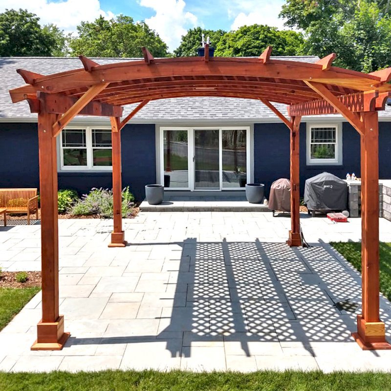Arched Pergola Kit (Options: 14' L x 14' Arc W, California Redwood, Electrical Wiring Trim Kit for 1 Post, 4 Post Anchor Kit for Concrete, 1 Ceiling Fan Base, No Privacy Panels, No Curtain Rods, 9.5' Post Height, Transparent Premium Sealant). Photo Courtesy of K. Murray of Grand Rapids, Michigan. Arched Pergola Kit (Options: 14' L x 14' Arc W, California Redwood, Electrical Wiring Trim Kit for 1 Post, 4 Post Anchor Kit for Concrete, 1 Ceiling Fan Base, No Privacy Panels, No Curtain Rods, 9.5' Post Height, Transparent Premium Sealant). Photo Courtesy of K. Murray of Grand Rapids, Michigan.