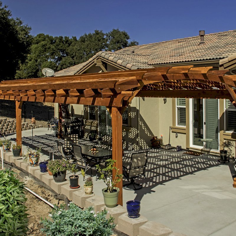 Arched Pergola Kit (Options: 39' L x 16' Arc W, California Redwood, Electrical Wiring Trim Kit for 2 Posts, 6 Post Anchor Kit for Concrete, 2 Ceiling Fan Bases, No Privacy Panels, No Curtain Rods, 9.5' Post Height, Transparent Premium Sealant). Photo Courtesy of S. Brunshwiler of Gilroy, CA, Arched Pergola Kit (Options: 39' L x 16' Arc W, California Redwood, Electrical Wiring Trim Kit for 2 Posts, 6 Post Anchor Kit for Concrete, 2 Ceiling Fan Bases, No Privacy Panels, No Curtain Rods, 9.5' Post Height, Transparent Premium Sealant). Photo Courtesy of S. Brunshwiler of Gilroy, CA,