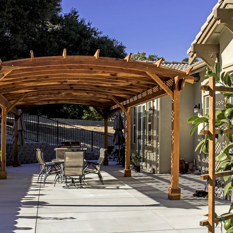 Arched Pergola Kit (Options: 39' L x 16' Arc W, California Redwood, Electrical Wiring Trim Kit for 2 Posts, 6 Post Anchor Kit for Concrete, 2 Ceiling Fan Bases, No Privacy Panels, No Curtain Rods, 9.5' Post Height, Transparent Premium Sealant). Photo Courtesy of S. Brunshwiler of Gilroy, CA, Arched Pergola Kit (Options: 39' L x 16' Arc W, California Redwood, Electrical Wiring Trim Kit for 2 Posts, 6 Post Anchor Kit for Concrete, 2 Ceiling Fan Bases, No Privacy Panels, No Curtain Rods, 9.5' Post Height, Transparent Premium Sealant). Photo Courtesy of S. Brunshwiler of Gilroy, CA,